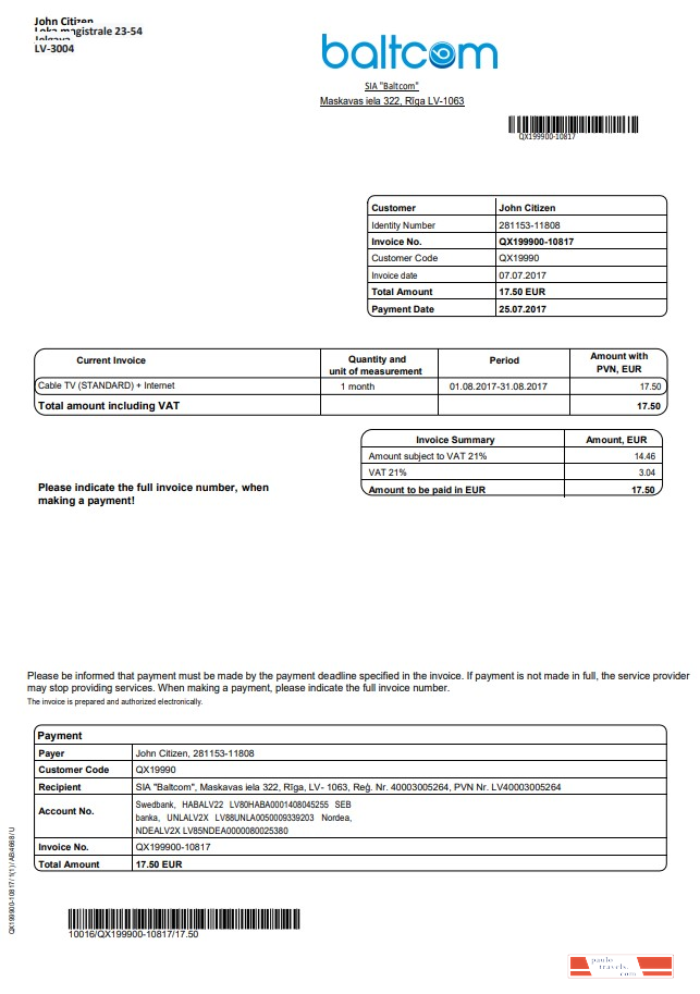 Latvia Baltcom telecommunications utility bill template in Word and PDF format (English version)